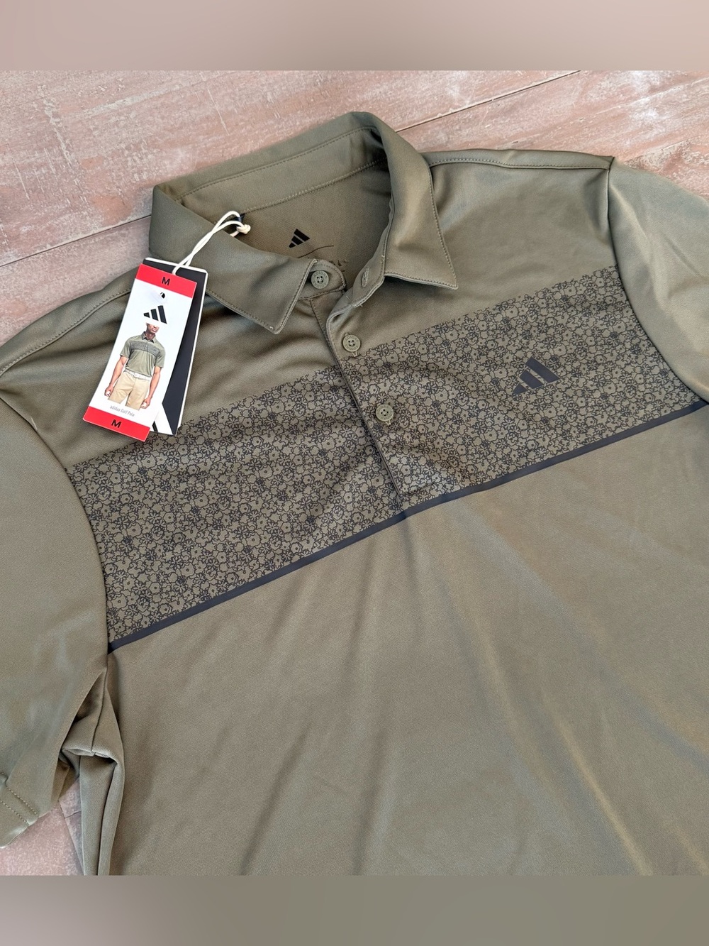 Adidas Men's Medium Olive Green Floral Chest Print Polo Shirt Golf Tennis